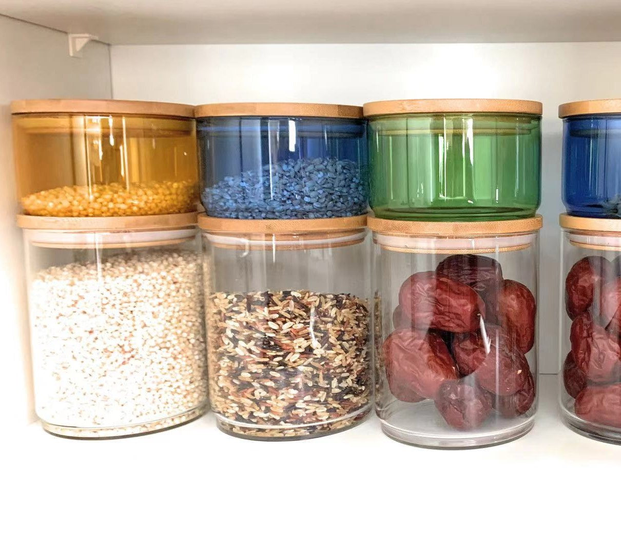 Glass storage jars set. Stackable glass jar, big clear + small