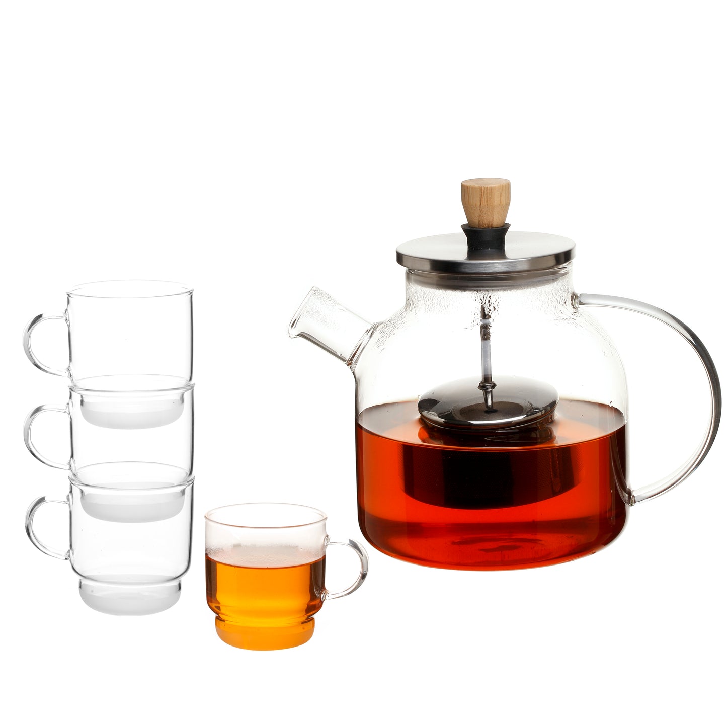 Heat resistant borosilicate glass 1L teapot with centered ss filter + foldable lift-up handle