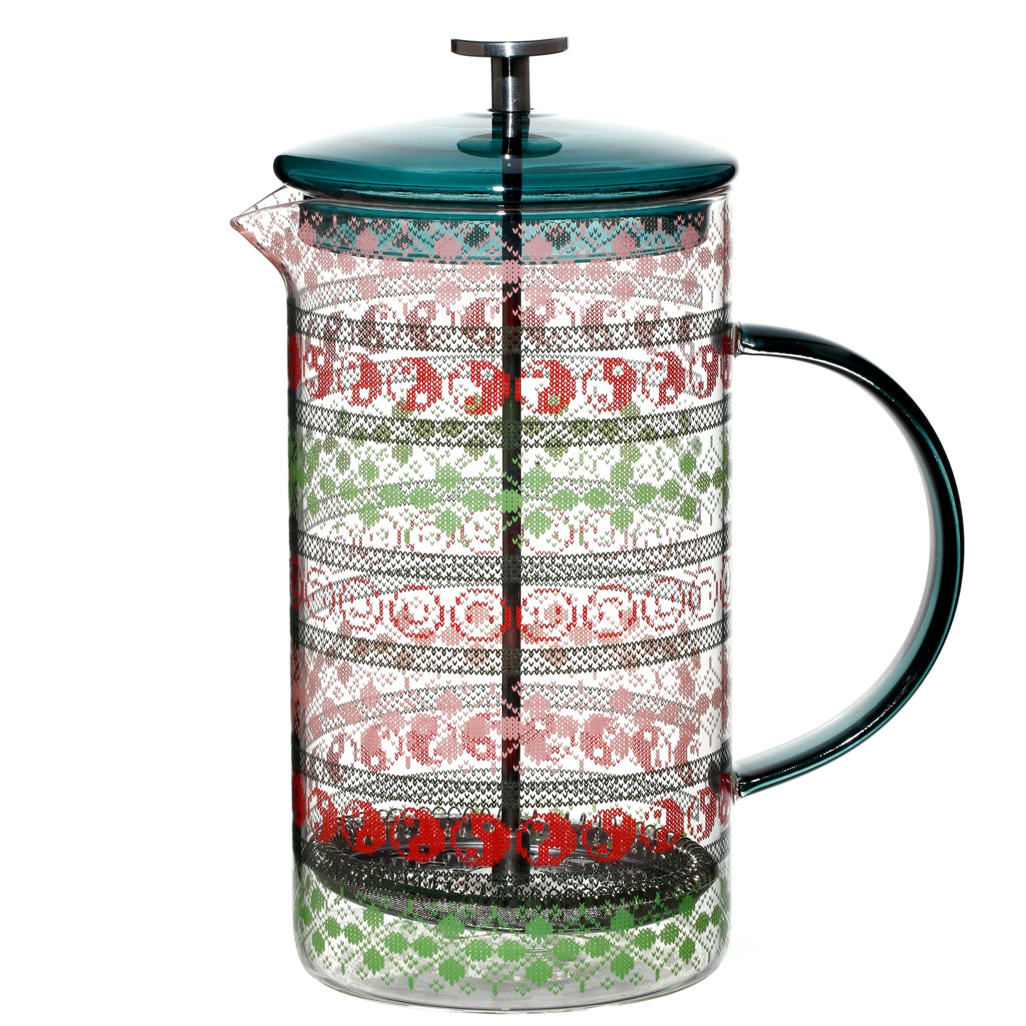 Heat resistant borosilicate glass French press with decal.