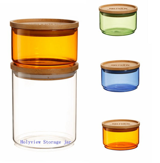 Glass storage jars set. Stackable glass jar, big clear + small color with natural wood. Small glass can be stackable on wooden.